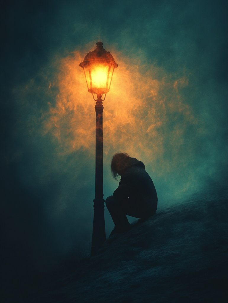 A woman sitting alone under a lamp.